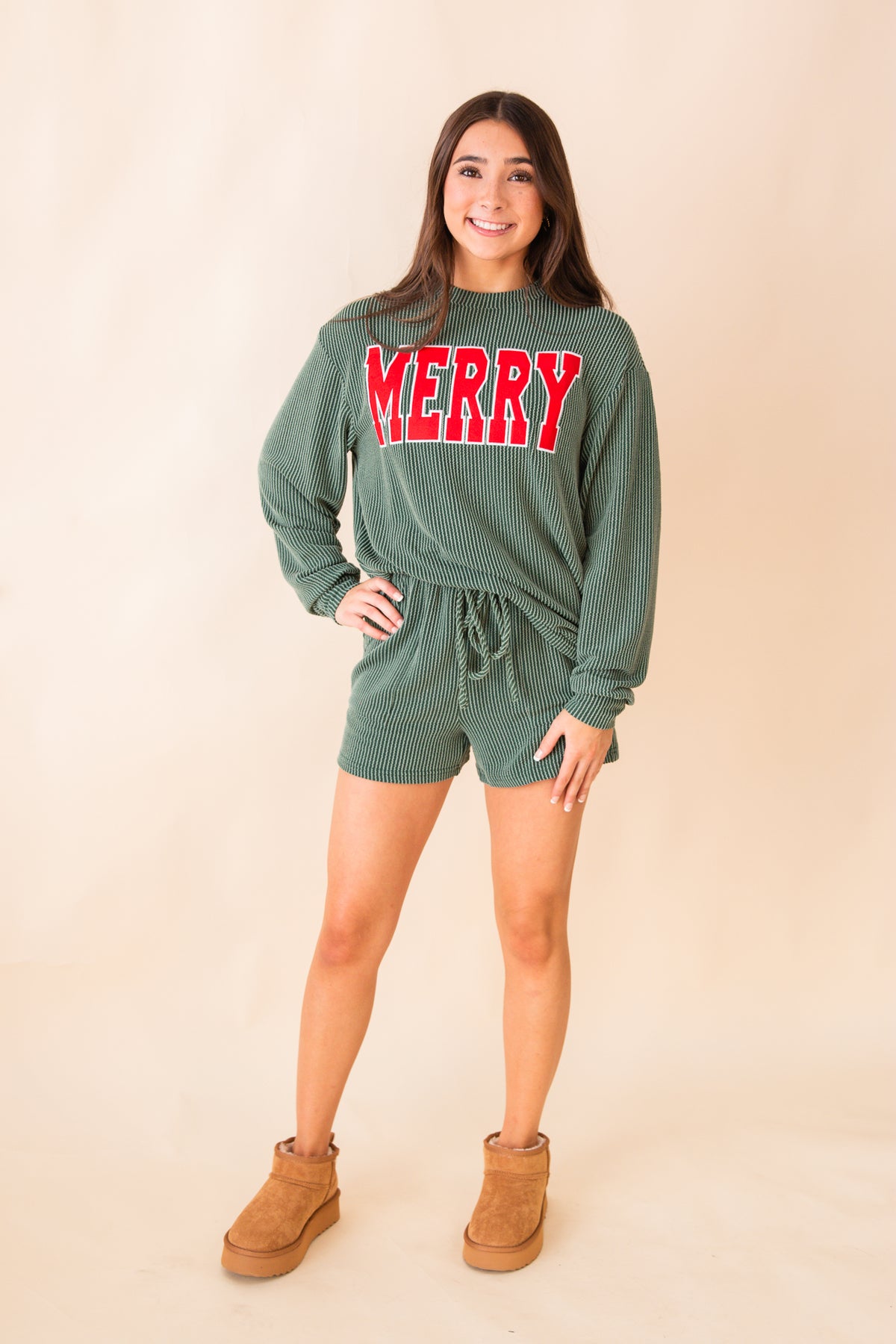 Merry Letter Print L/S Top and Shorts Set