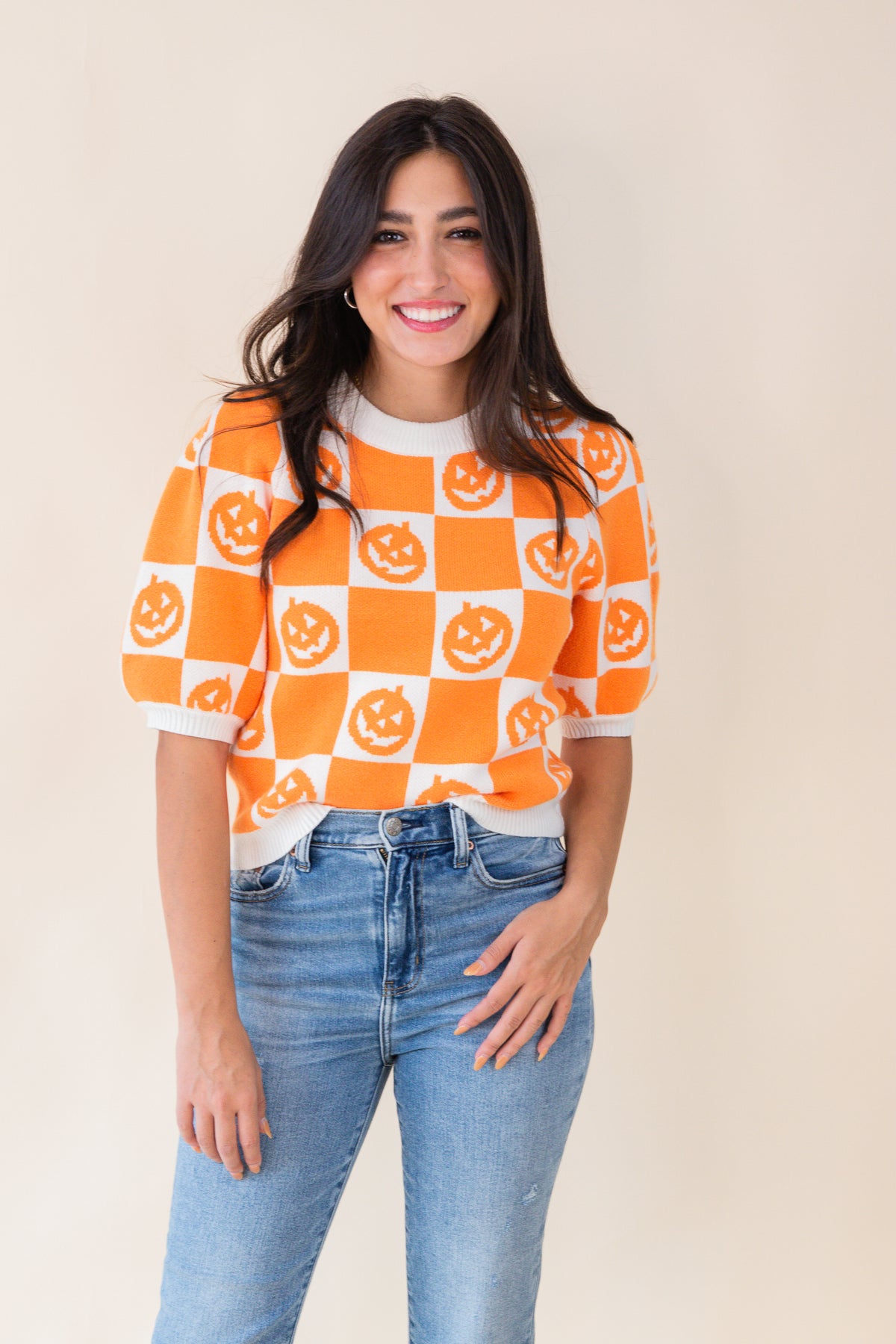 Hey There Pumpkin Checkered SS Sweater Top