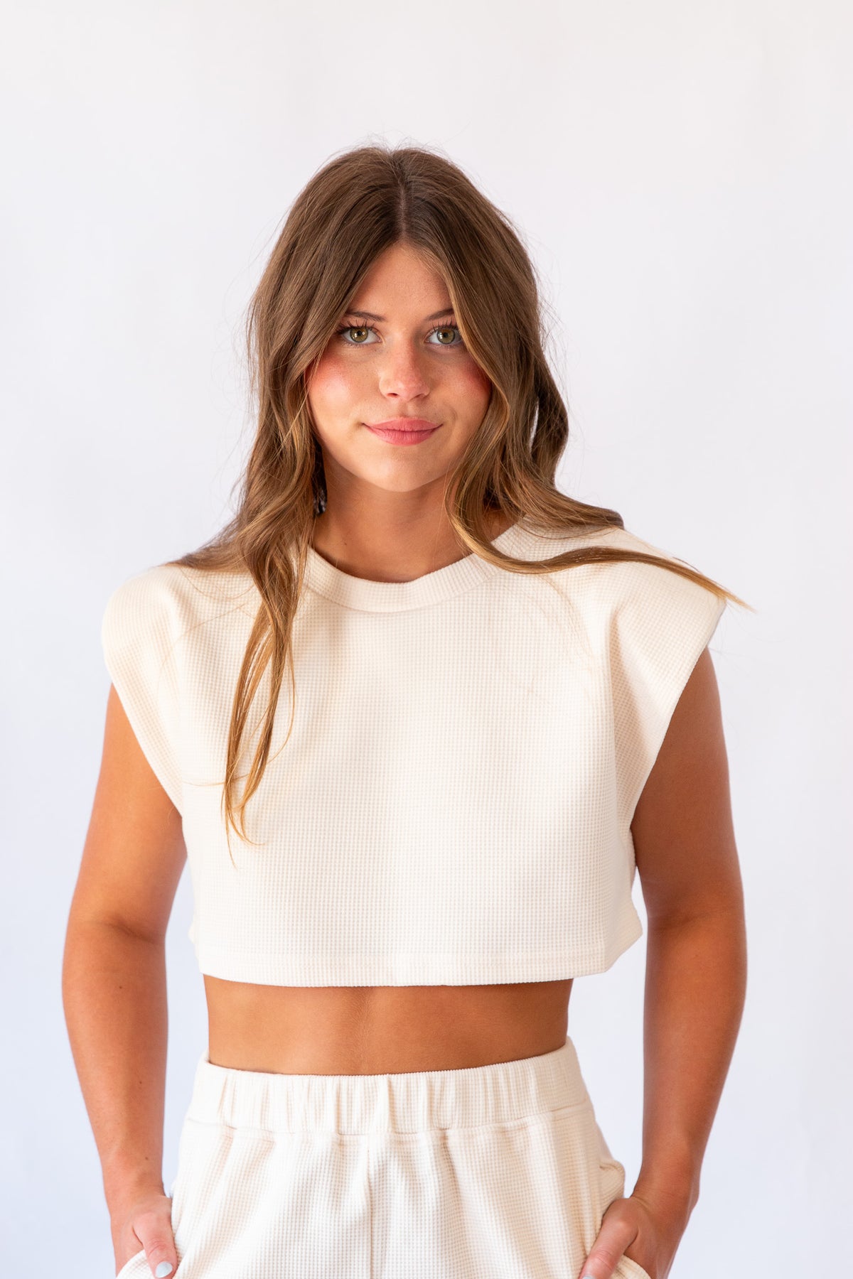Waffle Knit Cropped Padded Top