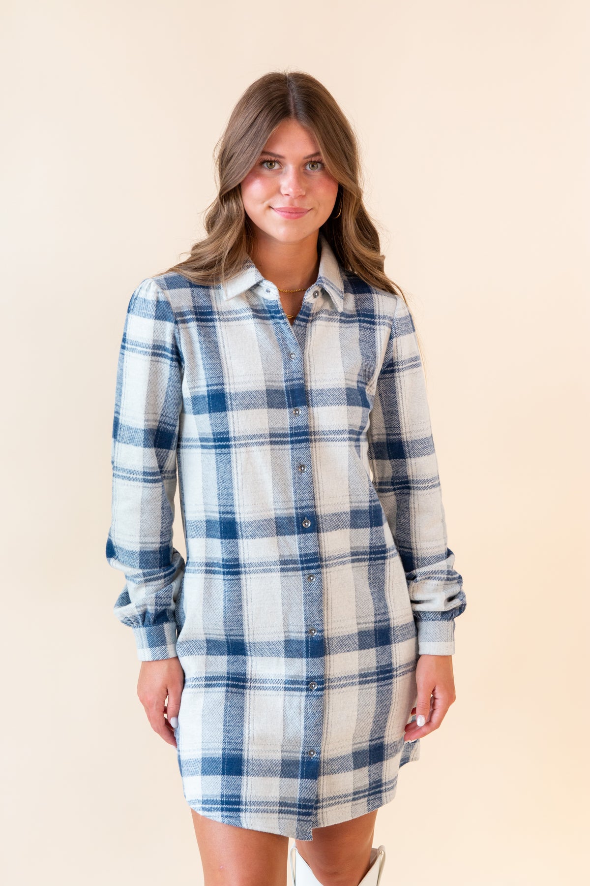 Lynden L/S Button Down Plaid Knit Mini Dress