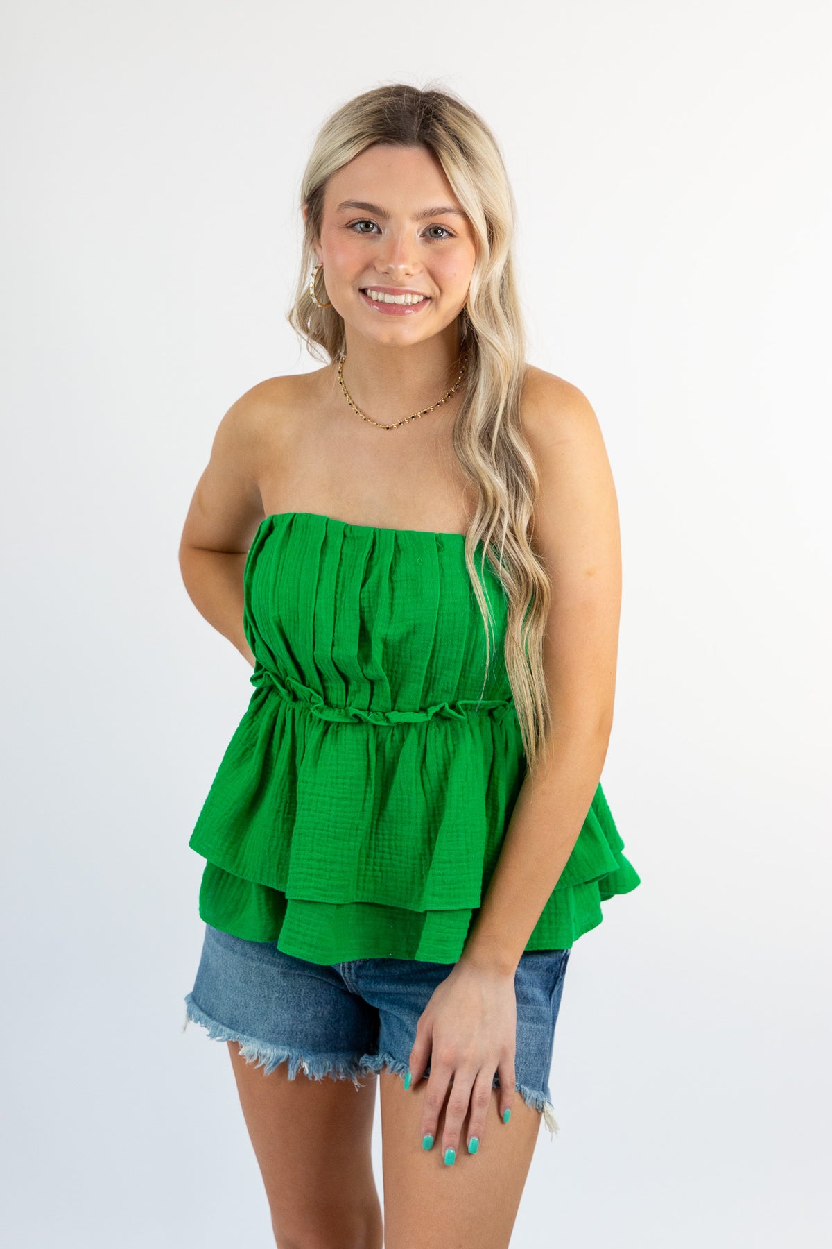 Pleated Ruffle Hem Tube Top