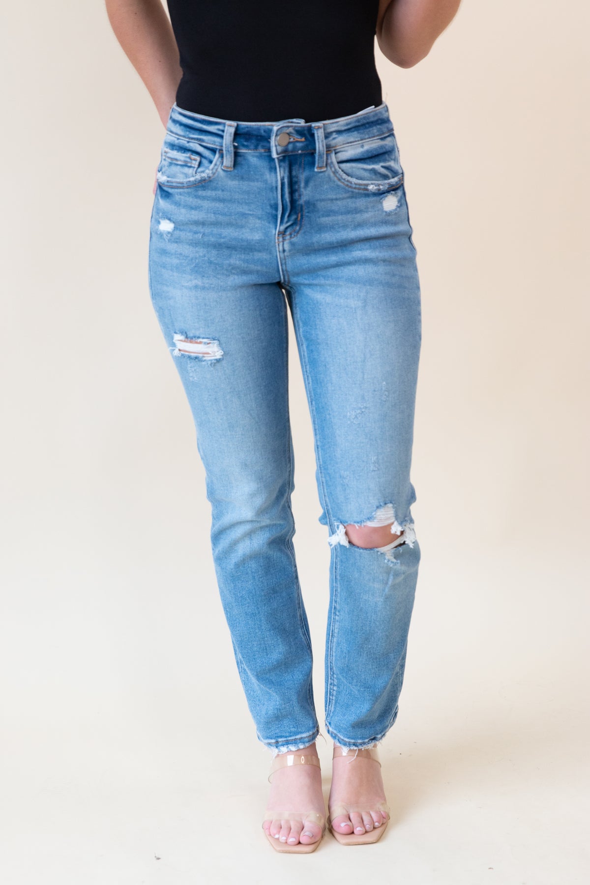 High Rise Crop Distressed Slim Straight Jeans