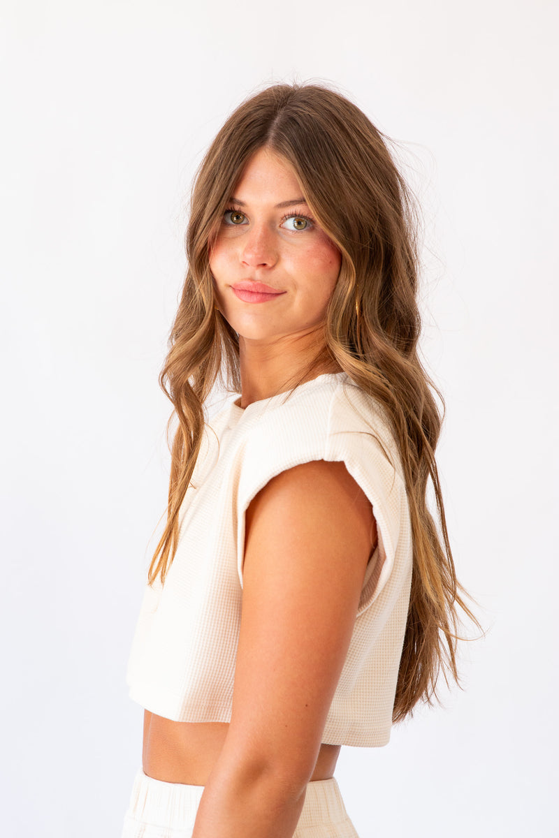 Waffle Knit Cropped Padded Top
